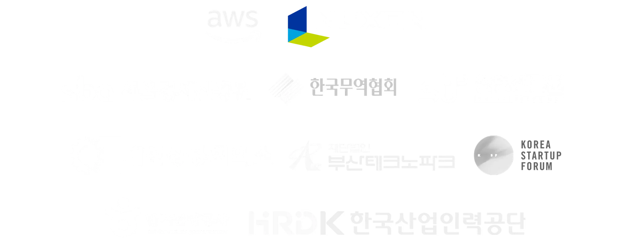 Logos of AWS, Nexon, Seoul Business Agency, Korea International Trade Association, Korea Institute of Startup and Entrepreneurship Development, Korea Chamber of Commerce and Industry, Busan Technopark, Korea Startup Forum, Korea Tourism Organization, and Human Resources Development Service of Korea